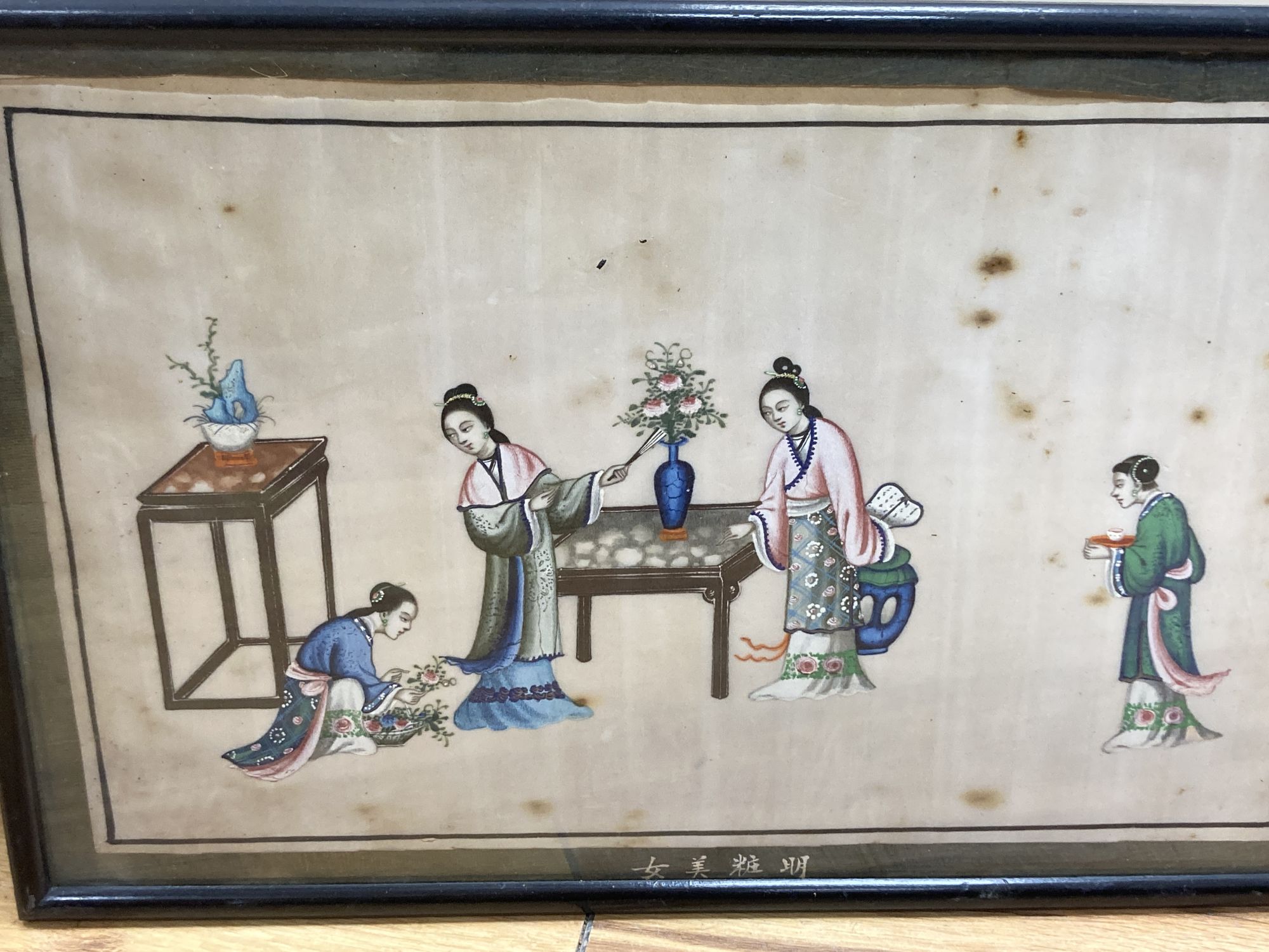 19th century Chinese School, pair of gouache on pith paper, Musicians and women arranging flowers, 19 x 31cm, a smaller pair of studies